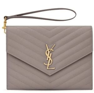 YSL SAINT LAURENT CROC EMBOSSED CASSANDRE CLUTCH GRAY